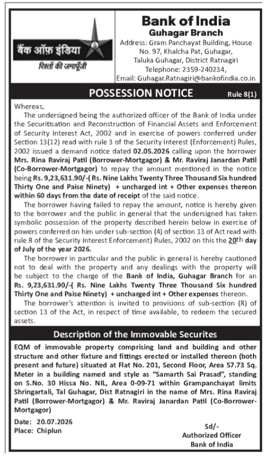 Possession Notice issued by Bank of India (Guhagar Branch)