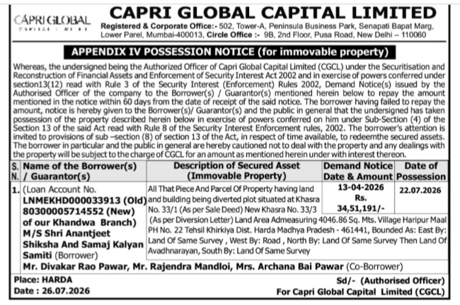 Possession Notice issued by Capri Global Capital Limited