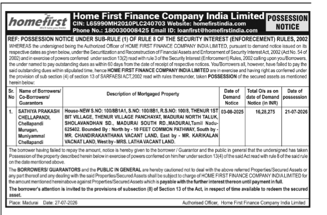 Possession Notice issued by Home First Finance Company India Limited under SARFAESI Act