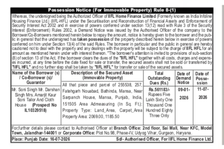 Possession Notice Issued by IIFL Home Finance Limited