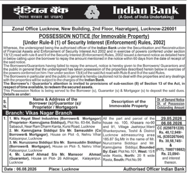 Possession Notice issued by Indian Bank (Zonal Office Lucknow)