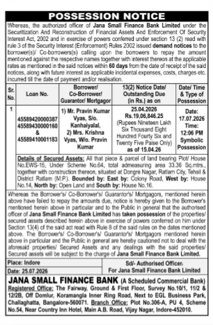 Possession Notice issued by Jana Small Finance Bank Limited