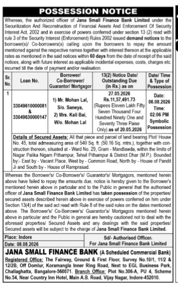 Possession Notice Issued by Jana Small Finance Bank Limited