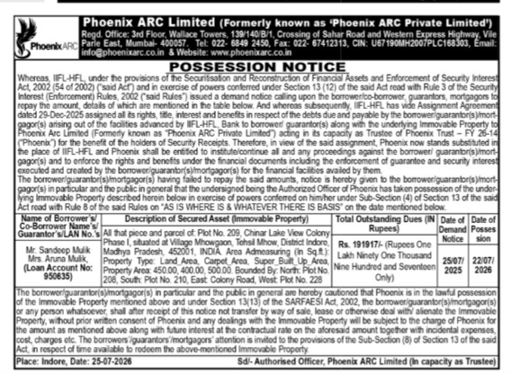 Possession Notice issued by Phoenix ARC Limited under the SARFAESI Act, 2002.