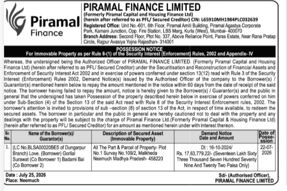 Possession Notice issued by Piramal Finance Limited