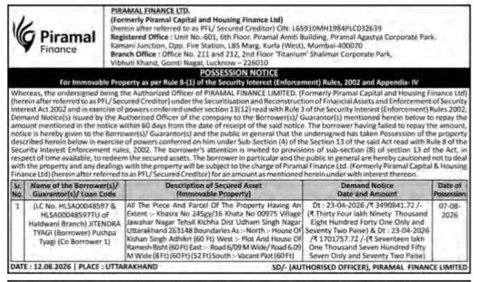 Possession Notice issued by Piramal Finance Limited