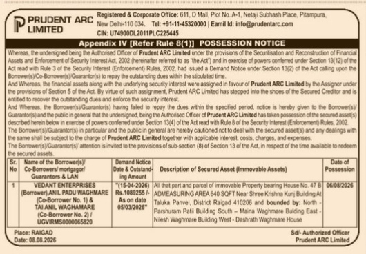 Possession Notice issued by Prudent ARC Limited for Vedant Enterprises