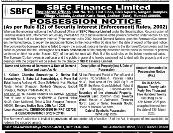 Possession Notice issued by SBFC Finance Limited