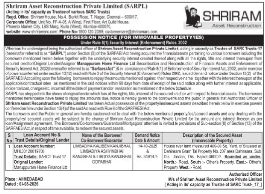 Possession Notice issued by Shriram Asset Reconstruction Private Limited (SARPL)