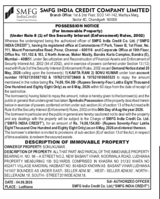 Possession Notice issued by SMFG India Credit Company Limited