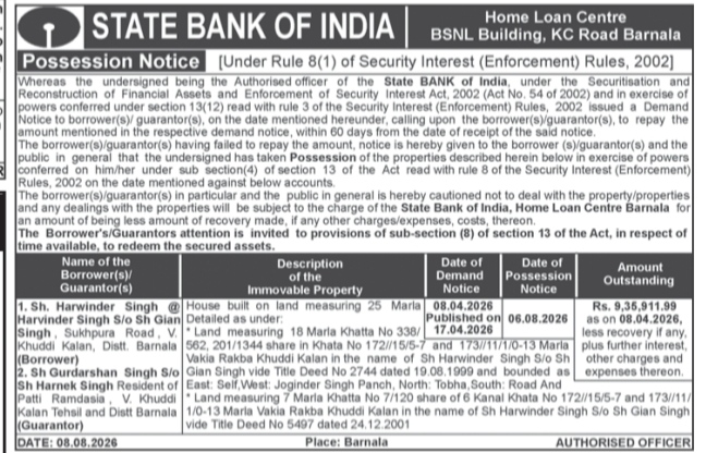 Possession Notice issued by State Bank of India