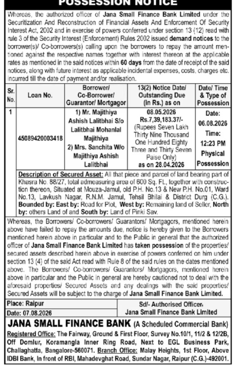 POSSESSION NOTICE - JANA SMALL FINANCE BANK