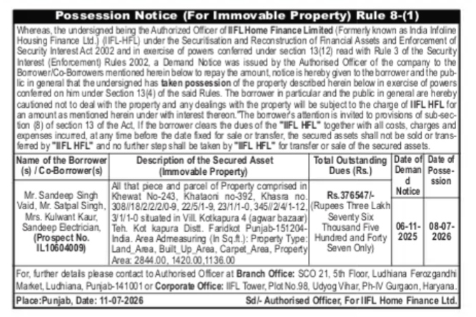 POSSESSION NOTICE OF IMMOVABLE PROPERTY