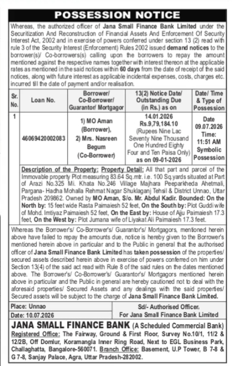 POSSESSION NOTICE OF JANA SMALL FINANCE LIMITED