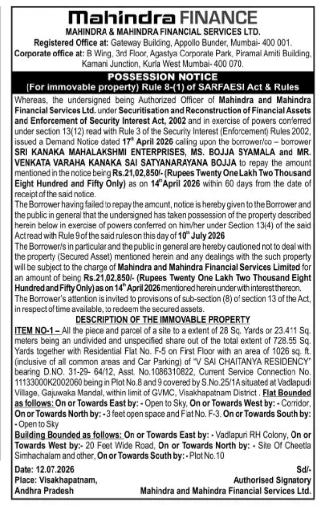 POSSESSION NOTICE OF MAHINDRA