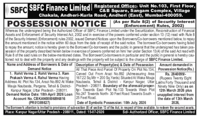 POSSESSION NOTICE - SBFC Finance Limited Possession Notice for Rohit Verma & Others (Kanpur Nagar Property)