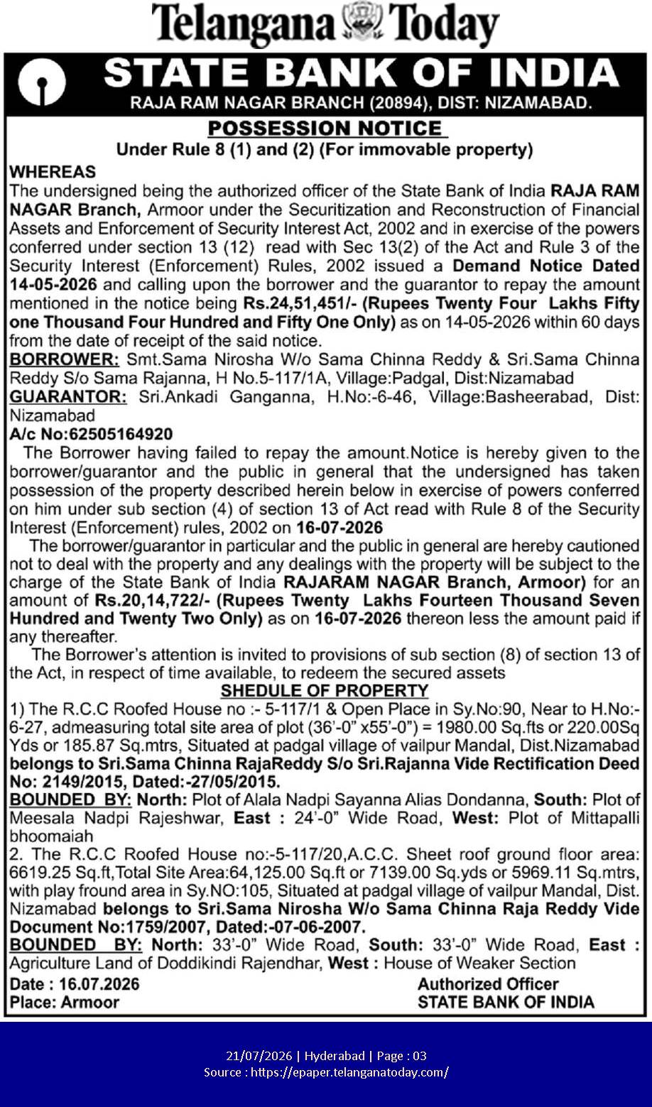 Possession Notice: State Bank of India (Raja Ram Nagar Branch)