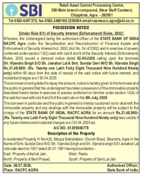 POSSESSION NOTICE-STATE BANK OF INDIA