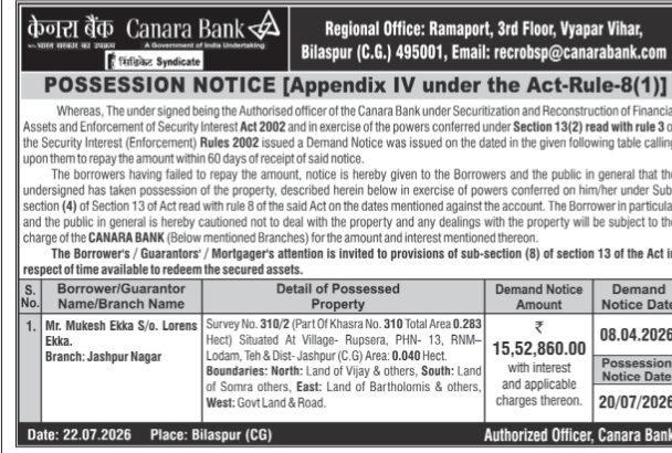 Possession Notice under SARFAESI Act 2002