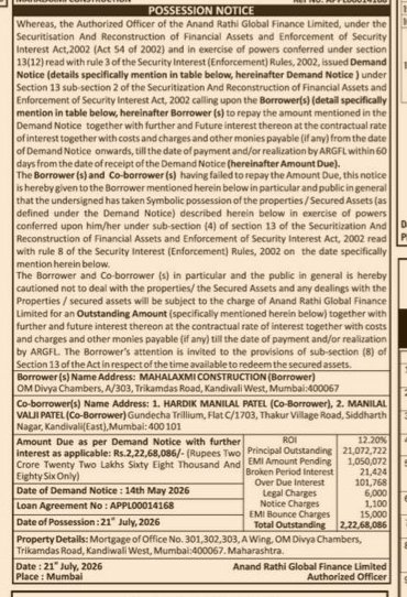 Possession Notice under SARFAESI Act, 2002