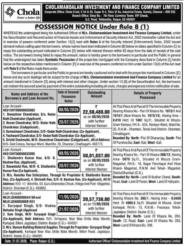 Possession Notice Under SARFAESI Act by Cholamandalam Investment and Finance Company Limited