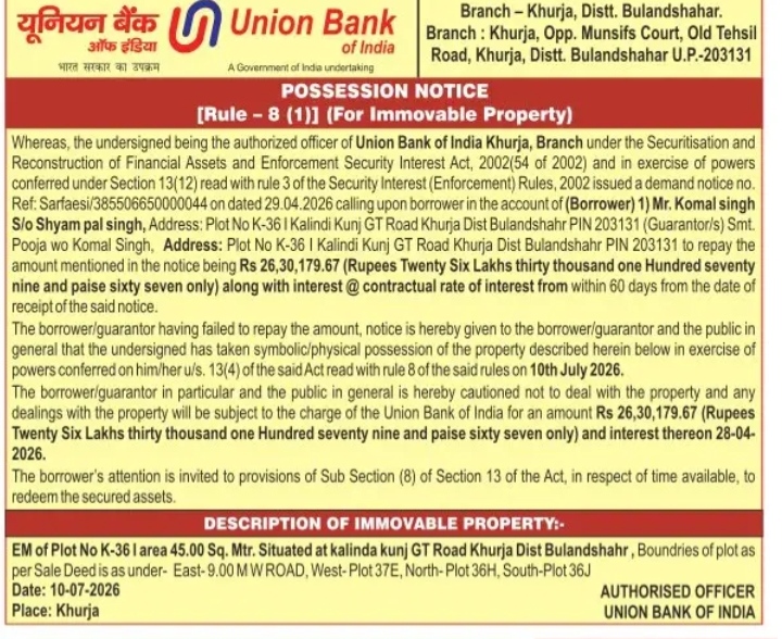 POSSESSION NOTICE -union Bank of India