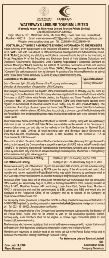 Postal Ballot Notice and Remote E-Voting Information for the members of Waterways Leisure Tourism Limited
