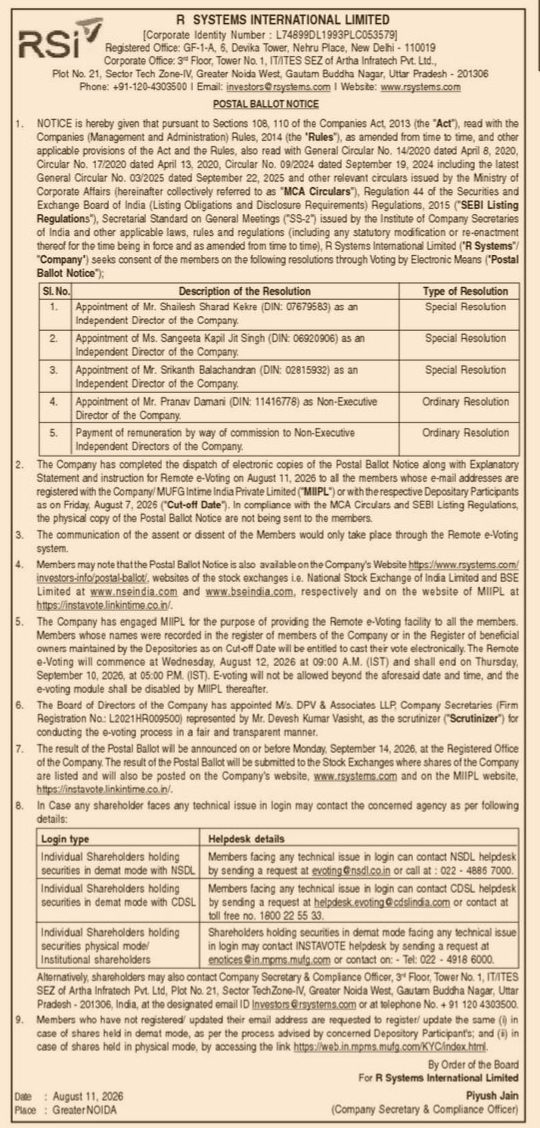Postal Ballot Notice of R Systems International Limited