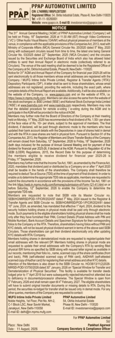 PPAP Automotive Limited Notice of 31st Annual General Meeting and Dividend Information