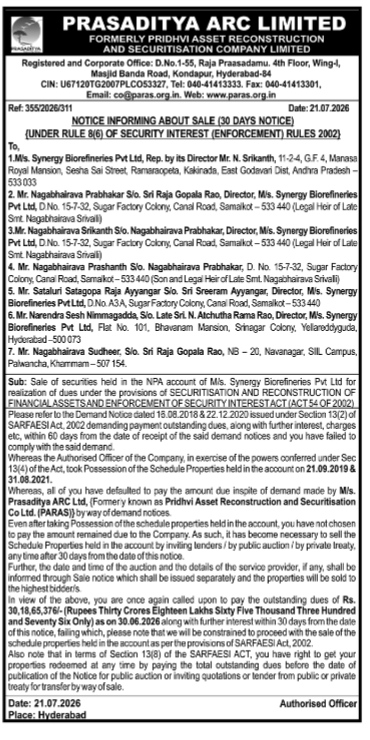 Prasaditya ARC Limited Sale Notice