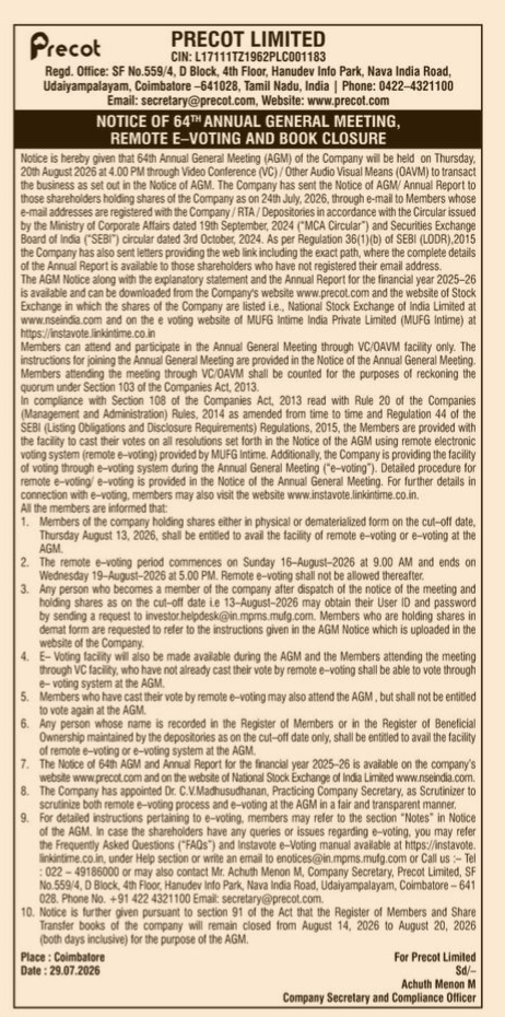 Precot Limited: Notice of 64th Annual General Meeting
