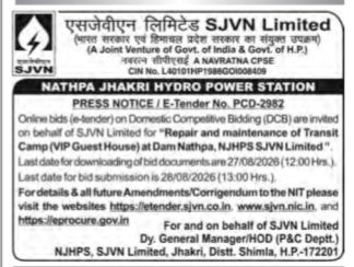 PRESS NOTICE / E-Tender No. PCD-2982: Repair and maintenance of Transit Camp (VIP Guest House) at Dam Nathpa, NJHPS SJVN Limited