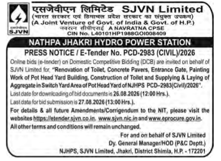 Press Notice / E-Tender No. PCD-2983 (CIVIL)/2026 for Renovation and Construction Works at Nathpa Jhakri Hydro Power Station, SJVN Limited