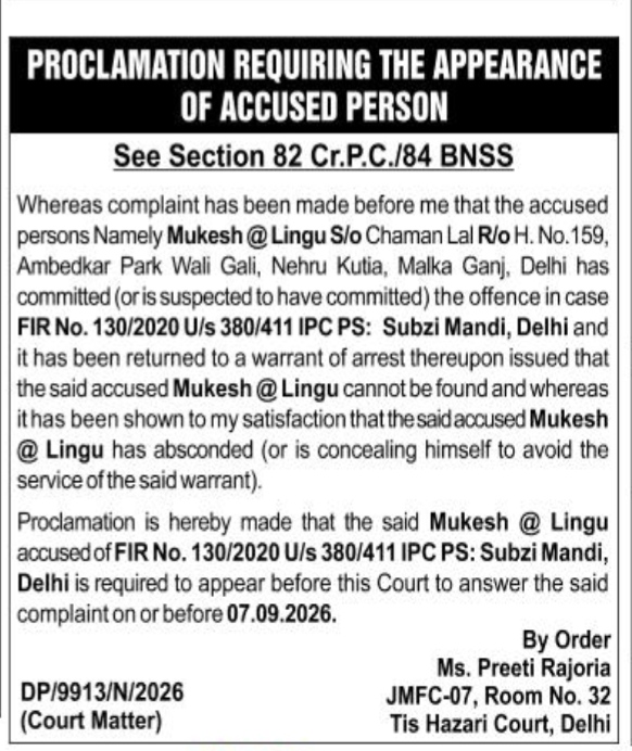 Proclamation for Appearance of Accused Mukesh @ Lingu