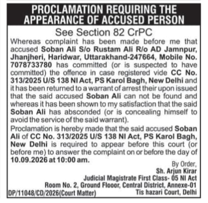 Proclamation for Appearance of Accused Soban Ali under Section 82 CrPC