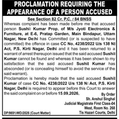 Proclamation for Appearance of Accused Sushil Kumar (Case CC No. 4238/2022)