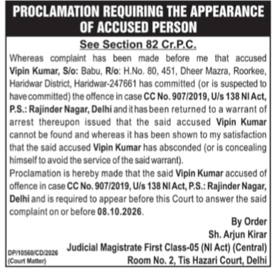 Proclamation for Appearance of Accused Vipin Kumar Under Section 82 Cr.P.C.