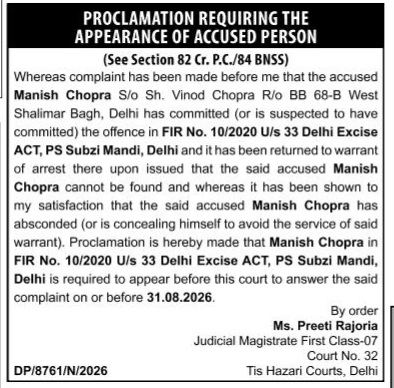 Proclamation for the Appearance of Accused Manish Chopra