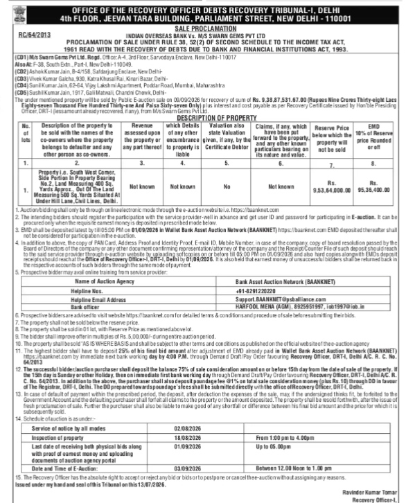 Proclamation of Sale: Debts Recovery Tribunal-I, Delhi (RC/64/2013)