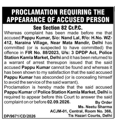 Proclamation Requiring Appearance of Accused Pappu Kumar