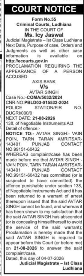 Proclamation Requiring the Appearance of a Person Accused Under Section 138 of the Negotiable Instruments Act