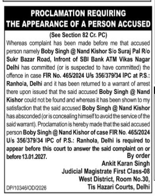 Proclamation Requiring the Appearance of Accused Boby Singh