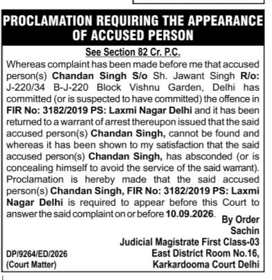 Proclamation Requiring the Appearance of Accused Person (Chandan Singh)