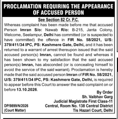 Proclamation Requiring the Appearance of Accused Person (Section 82 Cr.P.C.)