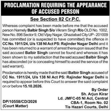 Proclamation Requiring the Appearance of Accused Person (Under Section 82 Cr.P.C.)