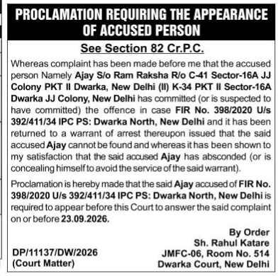Proclamation Requiring the Appearance of Accused Person (Under Section 82 Cr.P.C.).