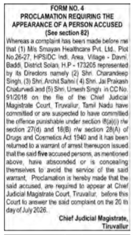 Proclamation Under Section 82 of CrPC Issued Against Smayan Healthcare Directors