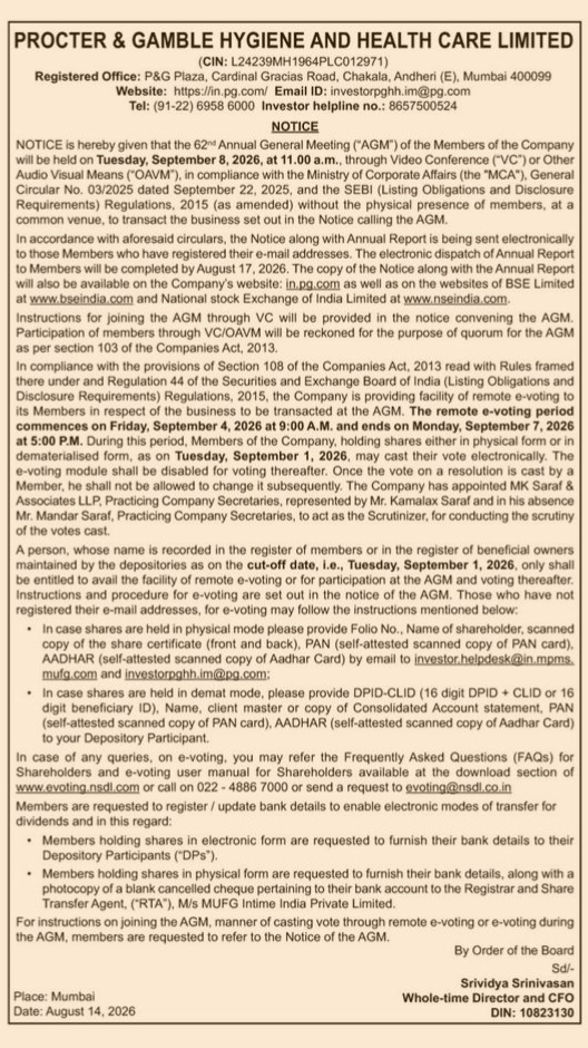 Procter & Gamble Hygiene and Health Care Limited 62nd AGM Notice