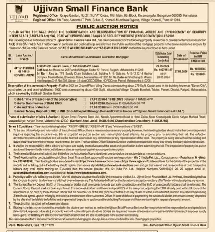Property Auction Notice: Flat No. 002, Seven City, Panvel