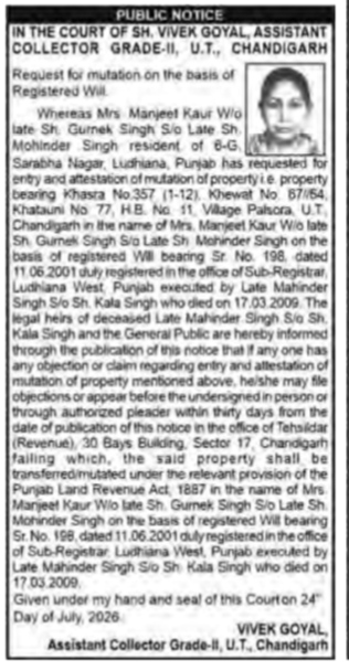 Property Mutation Public Notice: U.T. Chandigarh